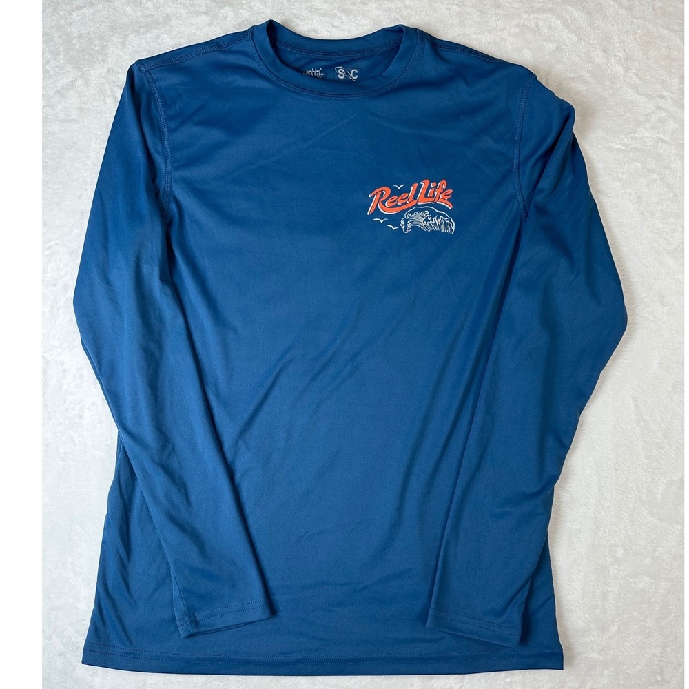 Reel Life Vacation Beach Club Mens Blue Long Sleeve Performance Fishing Shirt M